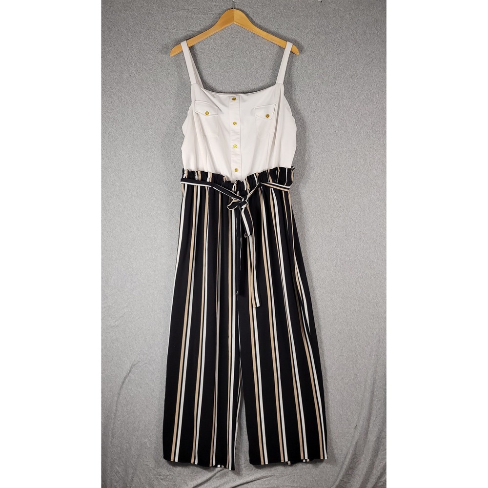 White Black Striped Jumpsuit Womens 3X Belted Wide Leg Nautical Coastal Cruise